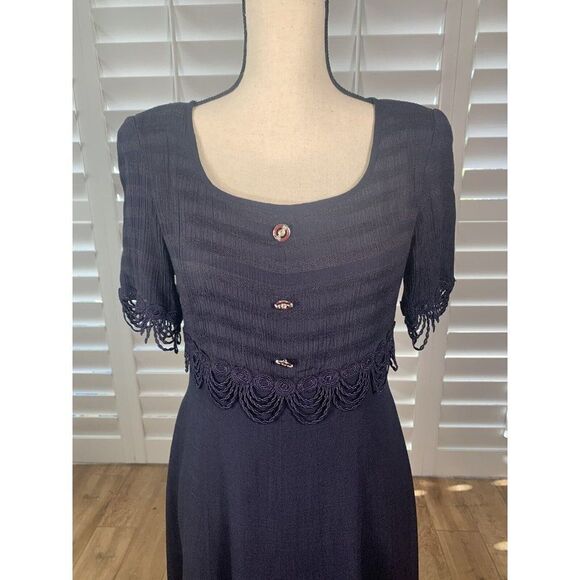 Vtg 80s Deadstock Lion Dark Blue Cocktail Dress 9 Ballet Length Rayon Empire - Picture 3 of 12